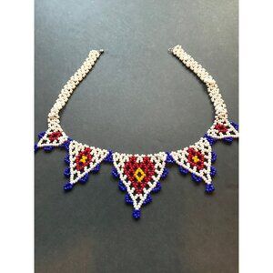 Vtg 1970's Hand Beaded Yoke Or Net Style Necklace 5 Beaded Triangles White Blue